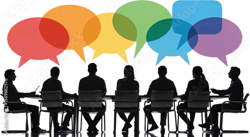 Silhouette of people at a table with colorful speech bubbles
