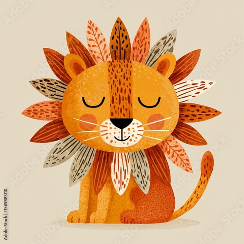 Cute cartoon lion illustration in earthy tones
