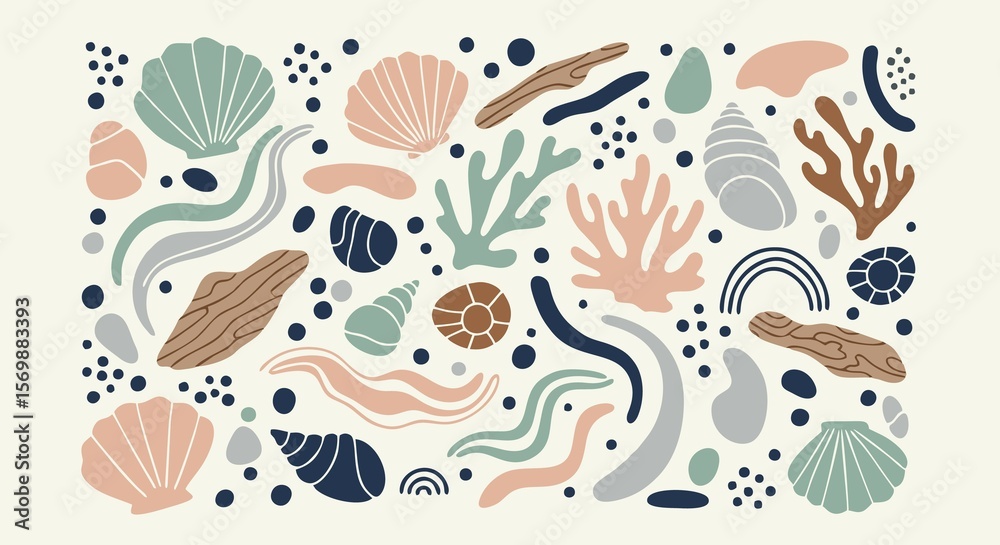 Naklejka premium An assortment of stylized seashells, coral, seaweed, and abstract shapes are arranged on a light background in a flat lay composition.
