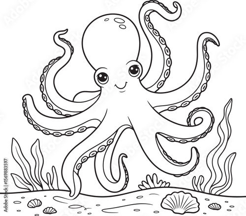 Happy cartoon octopus with tentacles and seabed elements shells seaweed