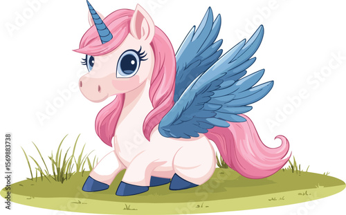 Cute Cartoon Unicorn with Wings Sitting on the Grass Illustration