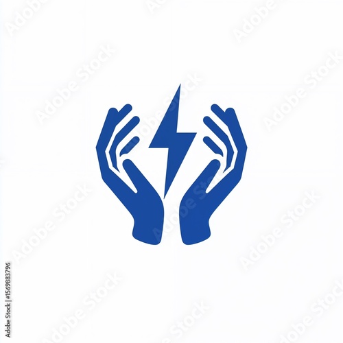 Blue hands holding lightning bolt energy symbol on white background