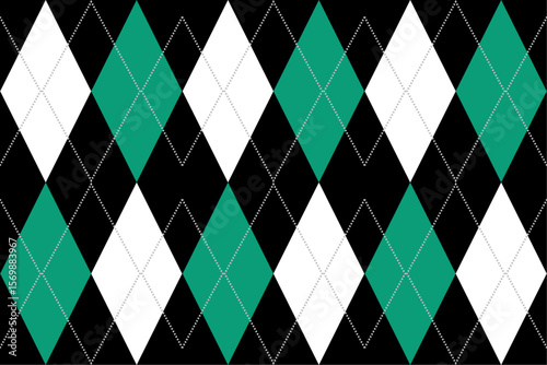 Seamless argyle fabric pattern, green, white, black with vertical dotted lines, retro style, suitable for fashion design, clothing, print background, vector illustration.