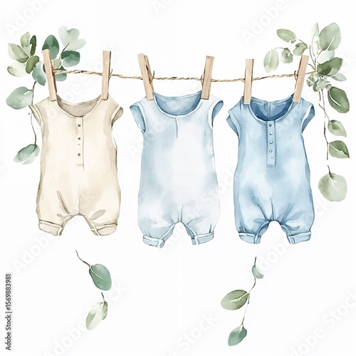 Baby rompers hanging on clothesline in soft watercolor style