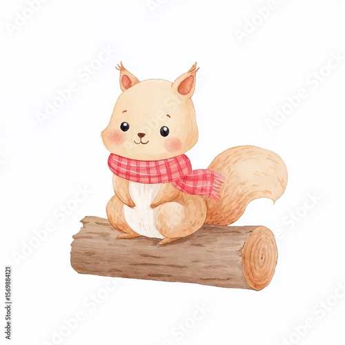 Cute cartoon squirrel wearing scarf on log in white background