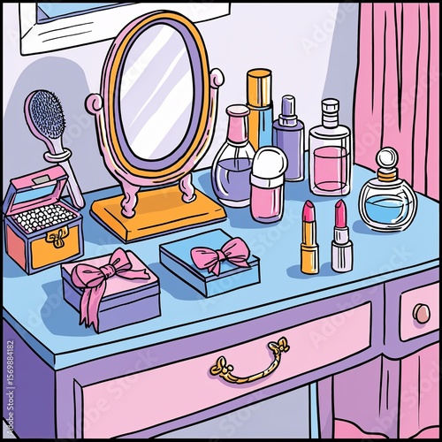 Cartoon vanity table with mirror and makeup in pastel colors