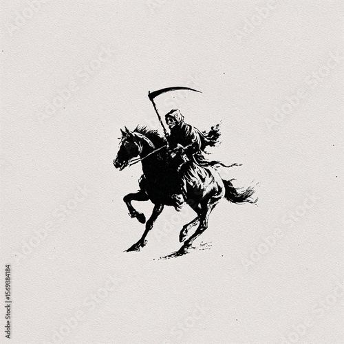 Grim reaper holding scythe riding horse on white background