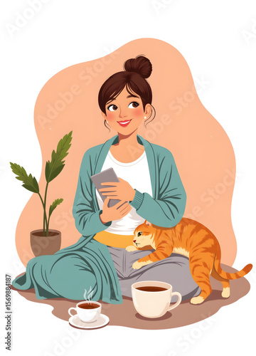 Young woman sitting on floor with coffee and cat in cozy setting  