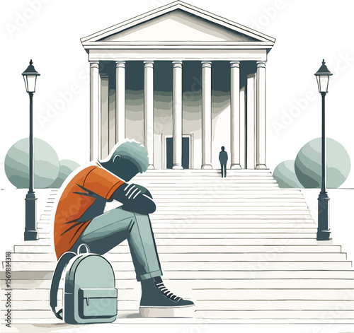 Depressed student sitting on steps of university building feeling overwhelmed and unhappy