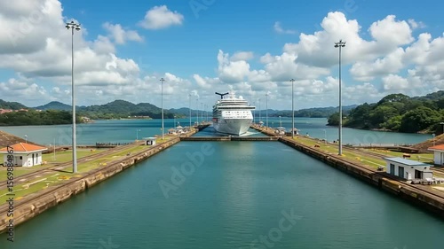 Aerial View of Cruise Ship Passing Through the Panama Canal Locks on a Sunny Day