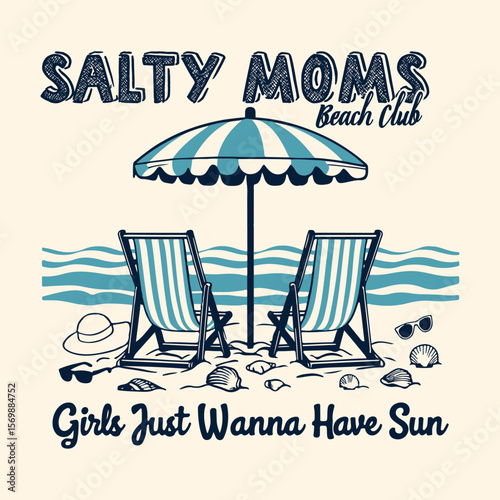 Salty moms beach club Summer Beach T-shirt Design.  Sun vector graphic design for apparel, stickers, posters, background and others. Surfing club vector design. Summer club artwork. Summer good vibes 