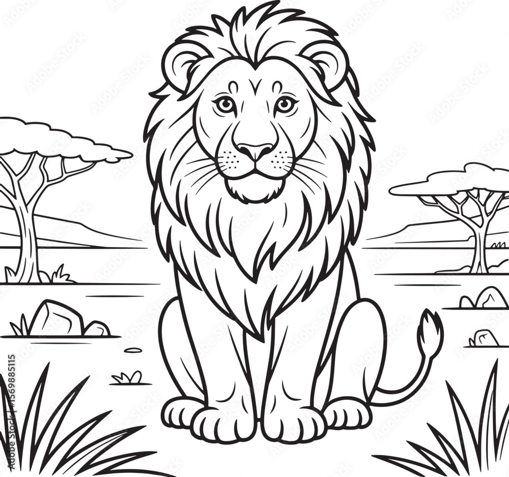 Obraz premium Majestic lion sitting in savanna landscape africa animal