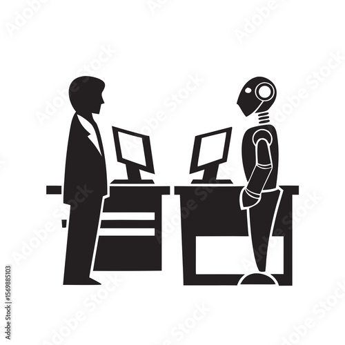 Human and Robot Facing Job Loss at Workstations for Business Blogs, Career Change Articles, Technology Impact Discussions, and Employment Awareness Campaigns  