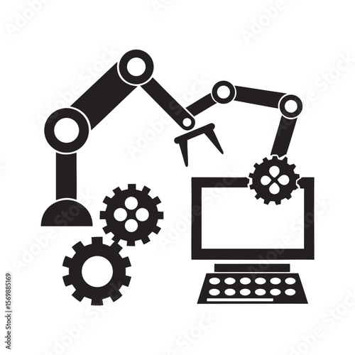 Automation and Technology Symbolizing Job Loss with Robotic Arm, Gears, and Computer for Business Blogs, Educational Content, Employment Awareness, and Workforce Discussions  