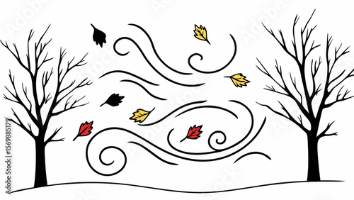Autumn leaves falling in blowing wind. Simple cartoon vector illustration.
