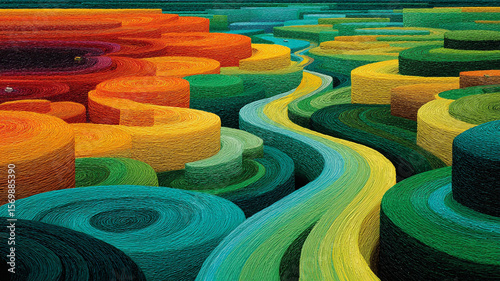 Abstract colorful landscape with swirling layered shapes and winding path, creating vibrant and dynamic visual effect