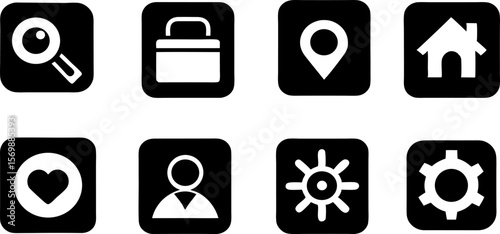 Collection of eight common interface icons in a simple white silhouette style