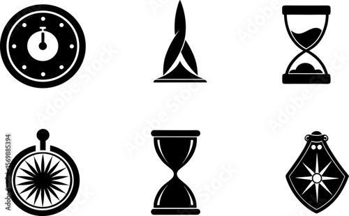 Collection of six black and white time and navigation icons silhouette