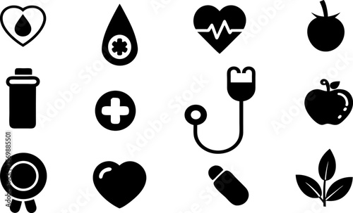 Collection of medical health icons with heart and stethoscope silhouette