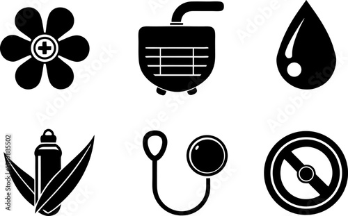 Collection of medical and healthcare icons in silhouette style