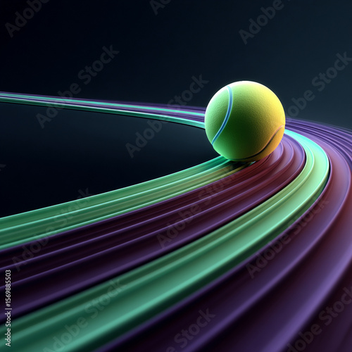 Tennis ball on curved neon track with glowing light trails, creating abstract and dynamic sports scene with vibrant colors