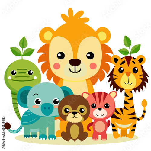 Cute Jungle Animal Vector Set for Kids | Cartoon Lion, Elephant, Tiger, Giraffe