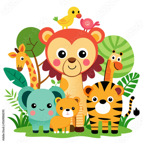 Cute Jungle Animal Vector Set for Kids | Cartoon Lion, Elephant, Tiger, Giraffe