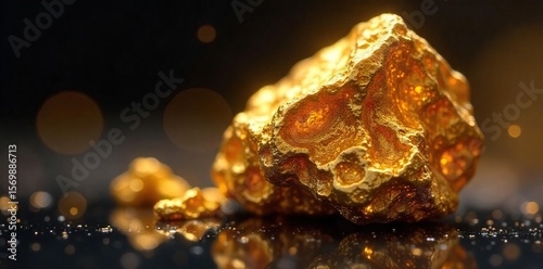 Shimmering Golden Nugget Close-up Revealing Rich Texture and Precious Details Against a Dark Background