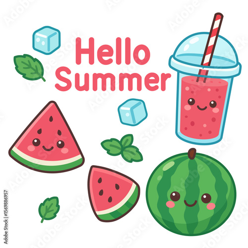 Cute kawaii vector set with "Hello Summer" text. Features a watermelon character, slices, a smoothie, ice, and mint. Isolated collection perfect for seasonal greetings and designs.