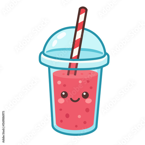 Cute kawaii watermelon smoothie in a plastic to-go cup. A happy, smiling character with a striped straw. Vector illustration of a refreshing summer drink, isolated on a white background.