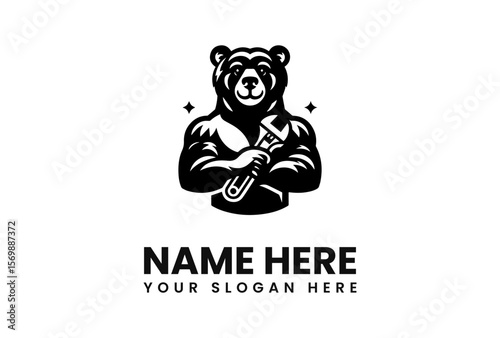 A strong bear mascot holding a wrench, ready for work, with text below.