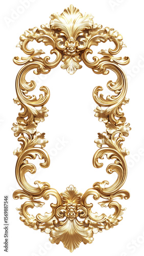 A luxurious, ornate vertical gold frame with crown, baroque-style floral and leaf motifs. Regal and vintage appearance. Perfect for classic art, antique design elements, or decorative projects. SVG