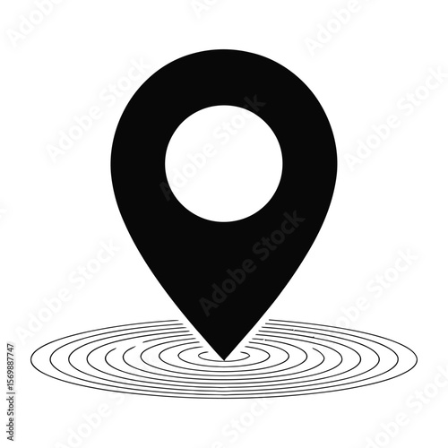 Black Location Pin Icon with Concentric Circular Ripple Effect on White Background