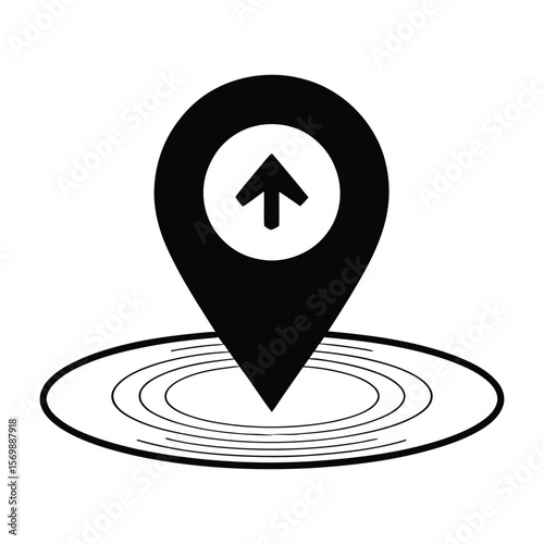 Black Location Pin Icon with Up Arrow and Concentric Circles Graphic Design Element