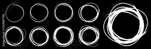 Set of hand drawn white circles using sketch drawing scribble circle lines. Doodle circular logo design elements. Vector hand drawn frames.