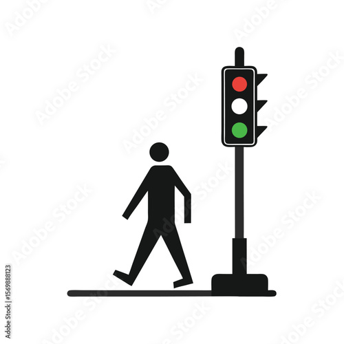 Simple Pedestrian Crossing Icon, Green Light, Minimalist Black Silhouette, Safe Urban Walking, Modern Flat Design, Vector Illustration, Isolated White Background.