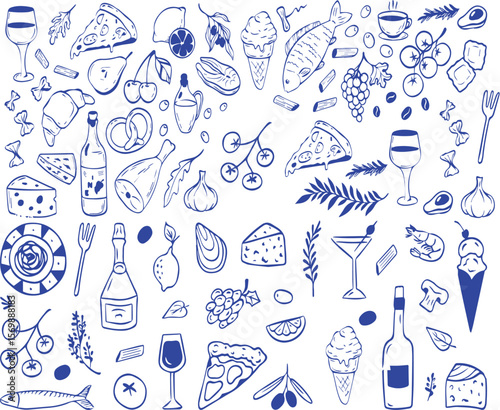 Hand drawn italian food set. Mediterranean lunch and dinner icons in doodle sketch. Lemons, pasta, tomato, pizza, cheese, wine. Italian summer vacation. Dolce vita aesthetics. Vector illustration.