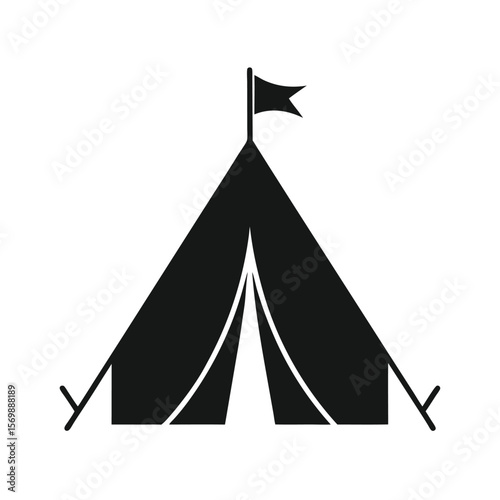 Simple Black Silhouette Icon of a Camping Tent with Flag, Minimalist Design, Adventure Concept, Isolated on White Background, Vector Illustration.