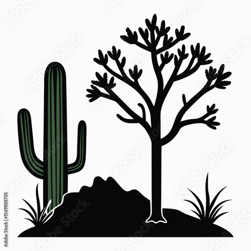 a desert cactus and tree silhouette.