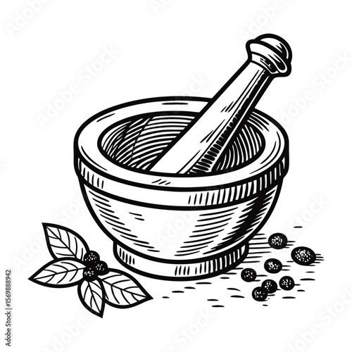 Isolated white kitchen mortar and pestle with spices, a stone tool for grinding herbs in food, cooking, or medicine preparation
