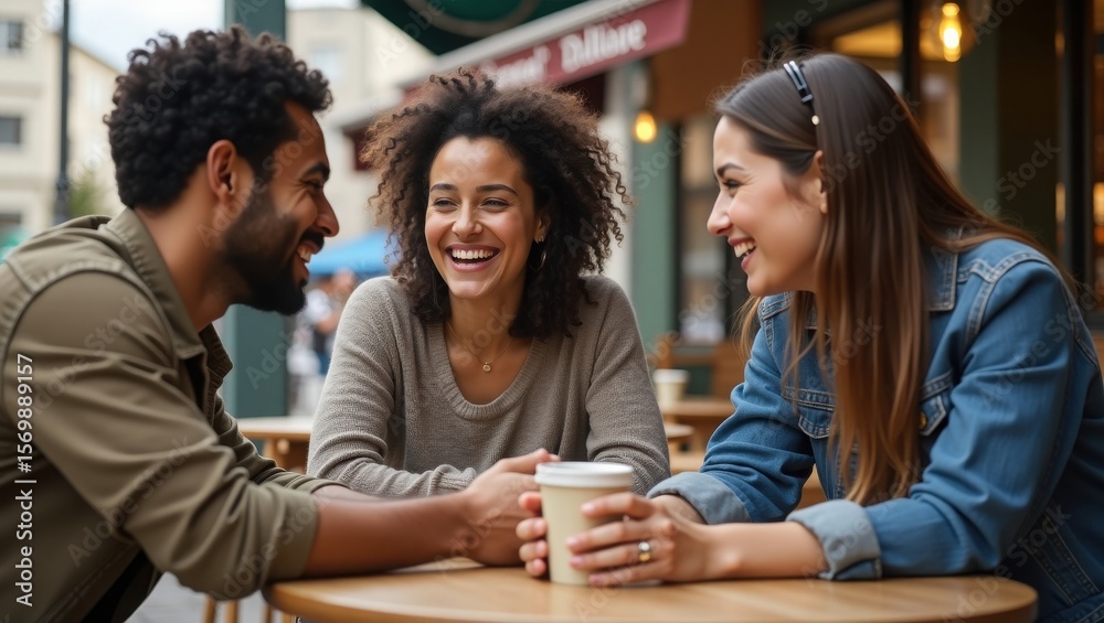 Obraz premium Happy friends laughing and chatting over coffee at an outdoor café, enjoying quality time together in a relaxed urban setting.