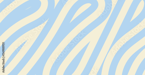 Abstract background featuring alternating wavy stripes in soft blue and creamy beige hues, creating a fluid, dynamic pattern with a playful and airy feel perfect for contemporary designs