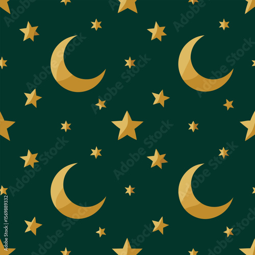 Bright cartoon vector illustration of a crescent moon and stars in a dark blue night sky