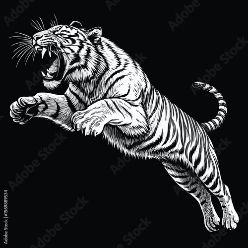 Tiger vector illustration on black background showing powerful wild feline head silhouette