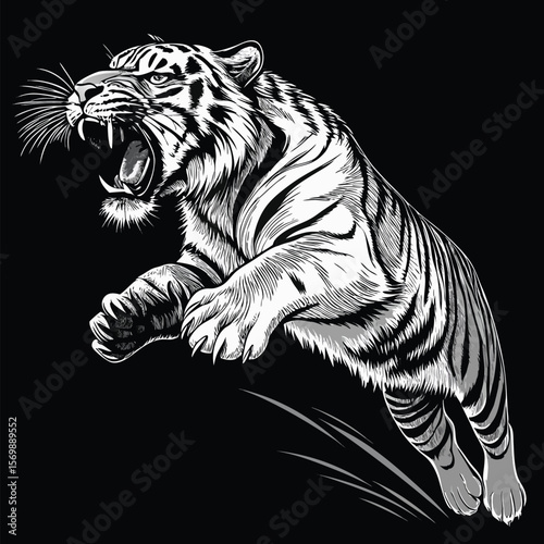 Tiger vector illustration of a wild feline head silhouette on black background