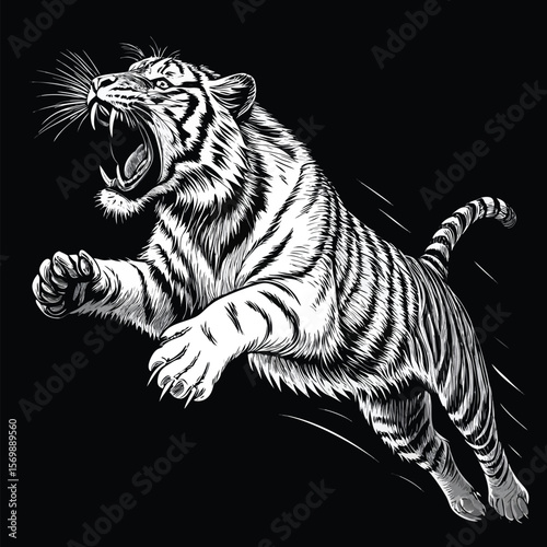 White tiger vector illustration on black background with wild animal stripes and feline features