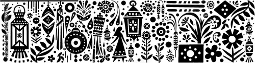 Hand‑Drawn Girl and Lantern Illustration, Tribal Nighttime Folk Art Pattern Vector for Storybook and Dreamlike Theme Designs
