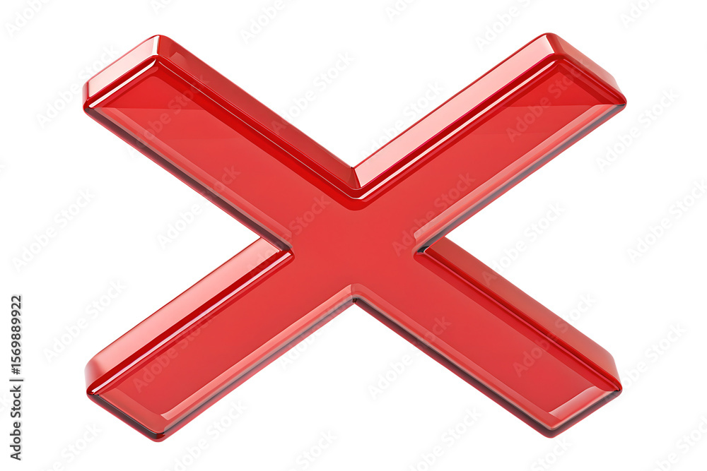 Fototapeta premium Glossy Red Cross Mark Symbol of Cancellation, Rejection, or Error