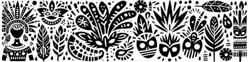 Hand‑Drawn Mask and Feather Illustration, Tribal Ceremonial Folk Art Pattern Vector for Cultural and Festival Theme Designs