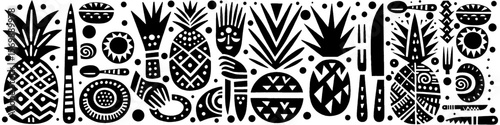 Hand‑Drawn Pineapple and Fruits Illustration, Tribal Tropical Folk Art Pattern Vector for Summer and Organic Food Theme Designs